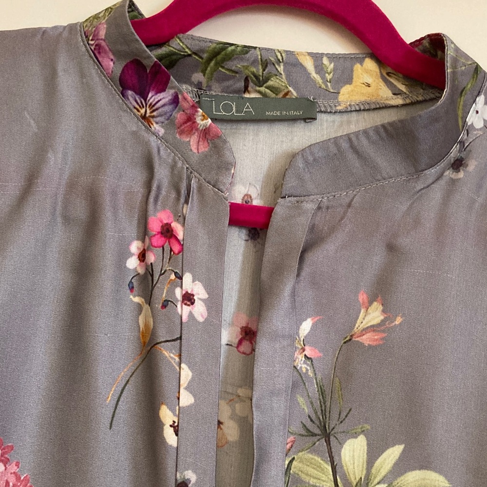Lola Floral Satin Button-Front Blouse — Gray with Pink, Yellow & Green - Picture 4 of 9